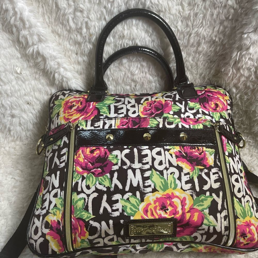 Betsey Johnson Nylon colorful large laptop shoulder bag black patent trim &strap - Picture 8 of 14